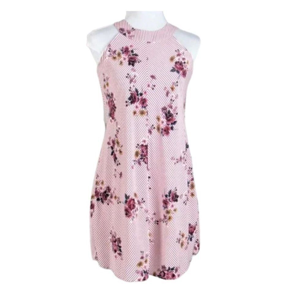 Mini Halter Dress Pink Stripe with Floral Pattern Three Pink Hearts Size XS